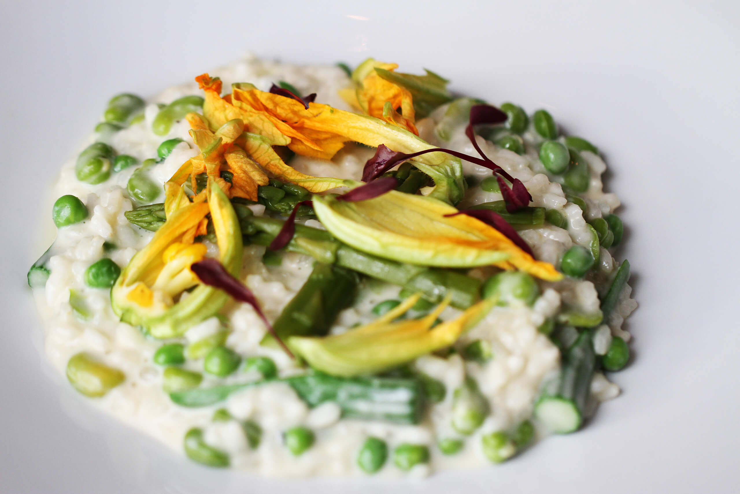 Courgette flower & summer vegetable risotto, eat flowers, flower, floral, chelsea flower show, chelsea, beautiful, summer, health, healthy, plate, seasonal, fresh, yummy, beautiful, stunning, creative, chef, cook