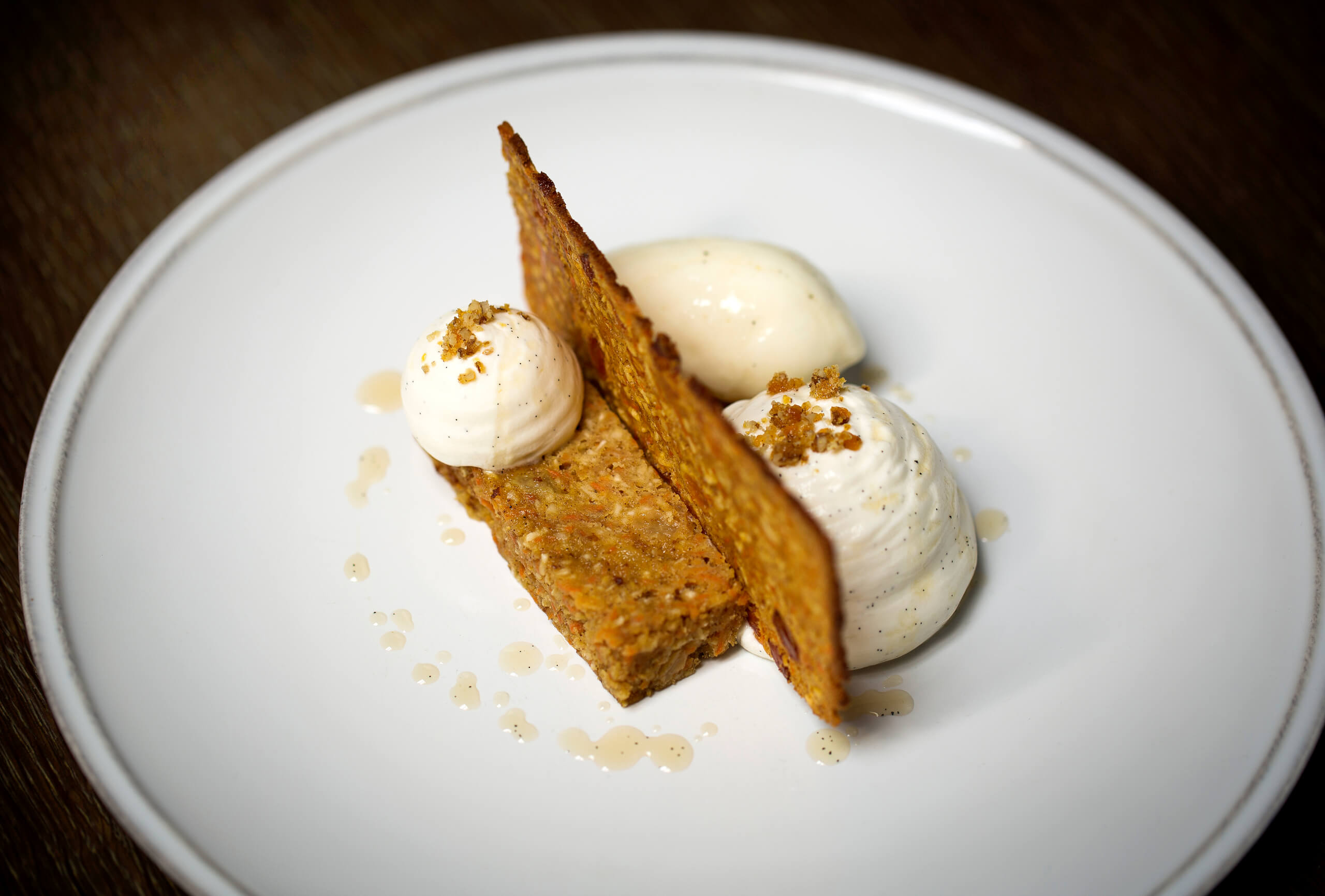 Spiced carrot cake, cream cheese mousse, ginger ice cream