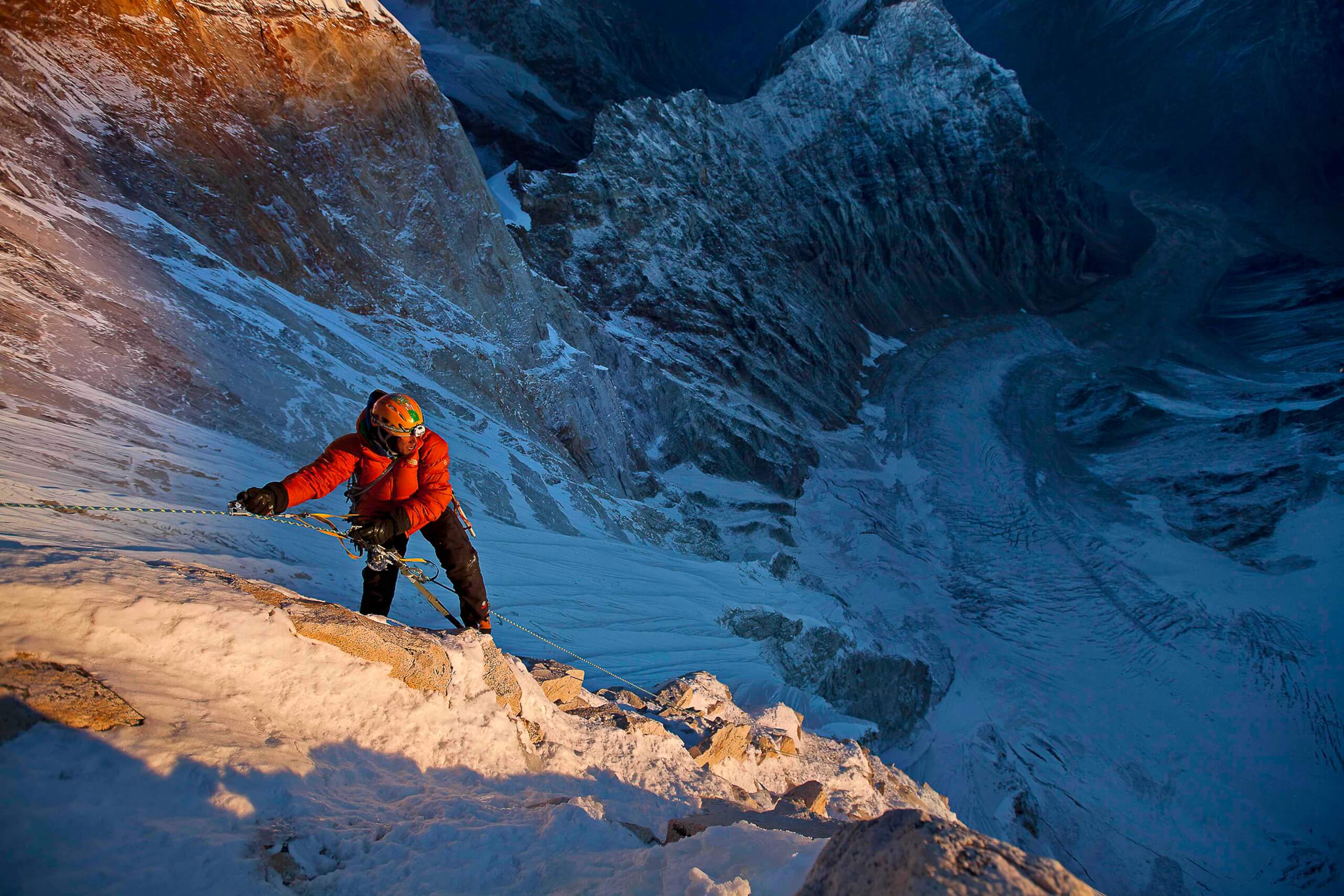 Jimmy Chin at first light on the 11th day of climbing. This was the summit day push.