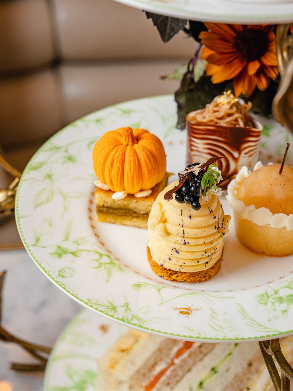 Autumn Afternoon Tea at Royal Lancaster London with beehive mousse and pumpkin cheesecake