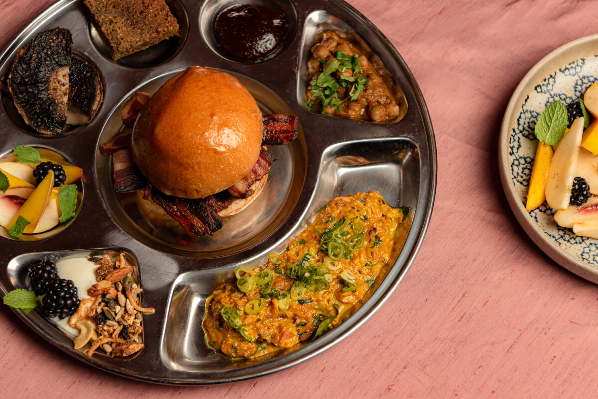 Breakfast Thali at Kricket Shoreditch with eggs bhurji, pao, and masala chai